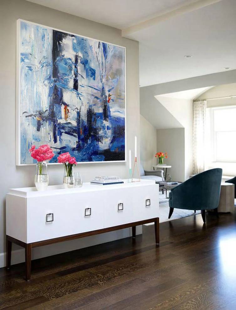 Bedroom Original White Abstract Blue Abstract Canvas Wall Art J9YM3